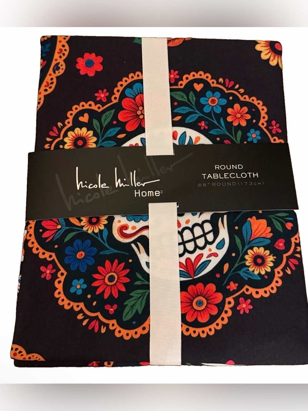 Nicole Miller Black Round 68”Tablecloth with Colorful Floral Sugar Skull Motif